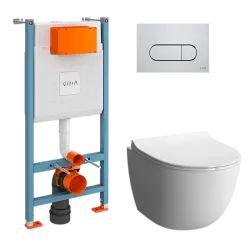 Комплект: L-Box Sento Rim-Ex подвесной безободковый унитаз с тонким сиденьем с микролифтом, инсталляцией и клавишей смыва хром