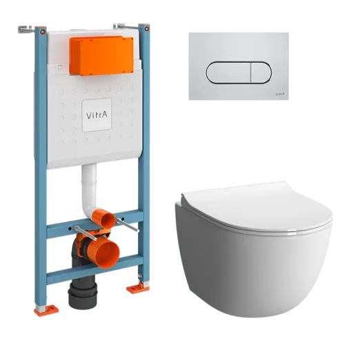 Комплект: L-Box Sento Rim-Ex подвесной безободковый унитаз с тонким сиденьем с микролифтом, инсталляцией и клавишей смыва хром