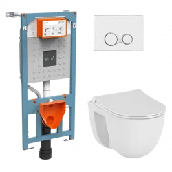 Комплект: подвесной безободковый унитаз S40 SmoothFlush с тонким сиденьем с микролифтом, инсталляцией и панелью управления глянцевый хром