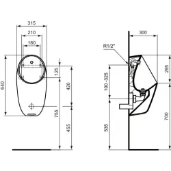 Писсуар сенсорный подвесной Ideal Standard i.life 64х31х30см., крепеж, сифон, от батареек