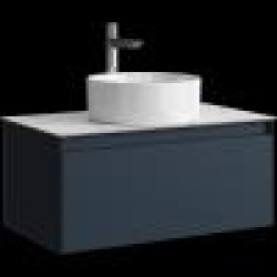 Комплект подвесной тумбы Aqwella Geometria 81x48 см, темно-синий со столешницей из керамогранита, мрамор белый